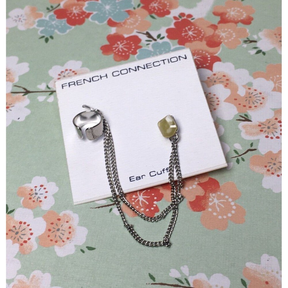 French Connection Silver Chain & Green Solid Stone Ear Cuff New